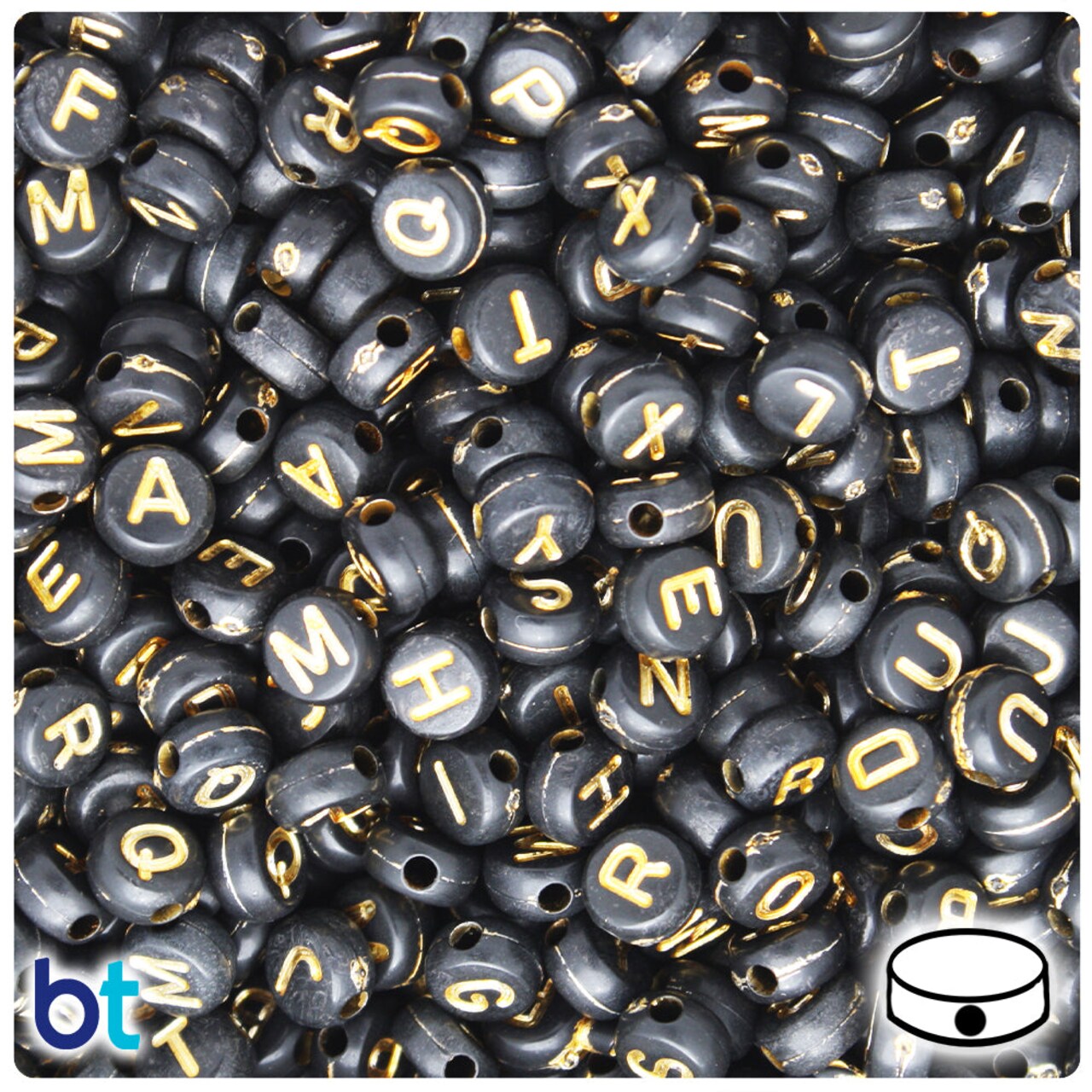 BeadTin Black Opaque 7mm Coin Plastic Alpha Beads - Gold Letter Mix (250pcs)